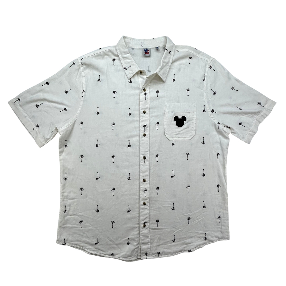 Disney Shirt Mens 2XL Junk Food Palm Tree Mickey Mouse Button Up White Summer